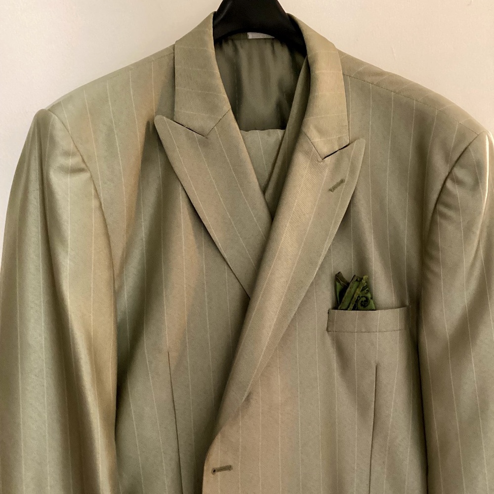 Falcone Mens Olive Green Pin Striped 3 pc Suit